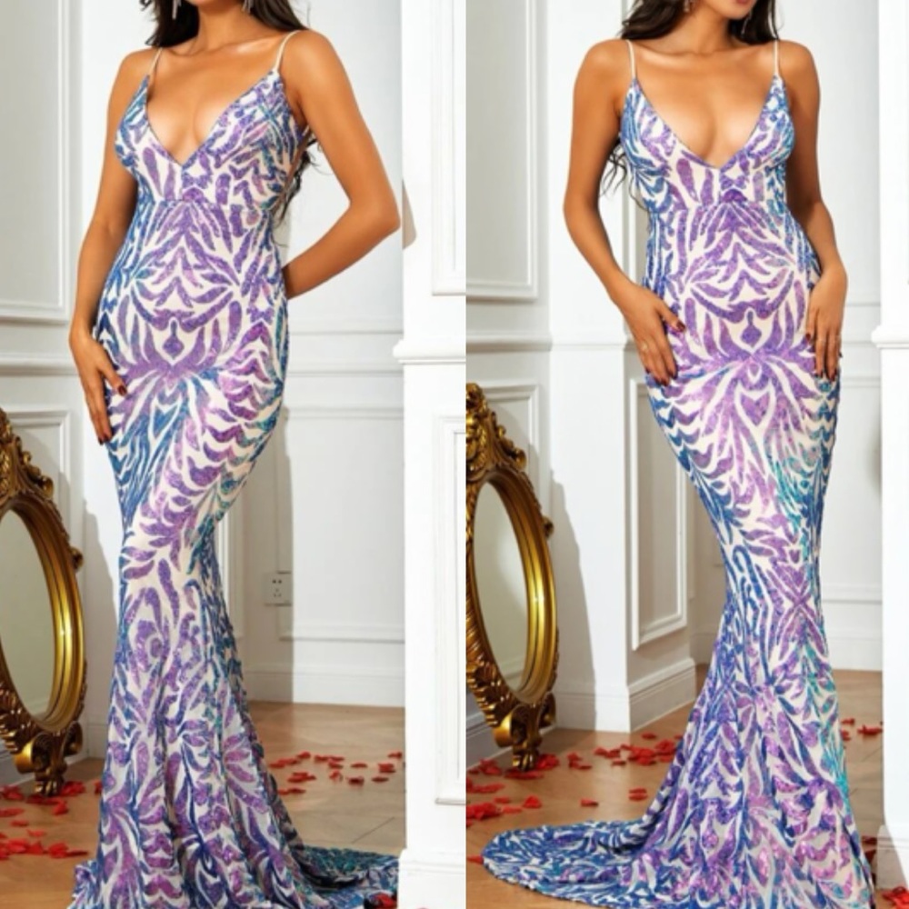 LAST PIECE Luxurious sequins mermaid hem backless prom evening party formal gown - Picture 2 of 9